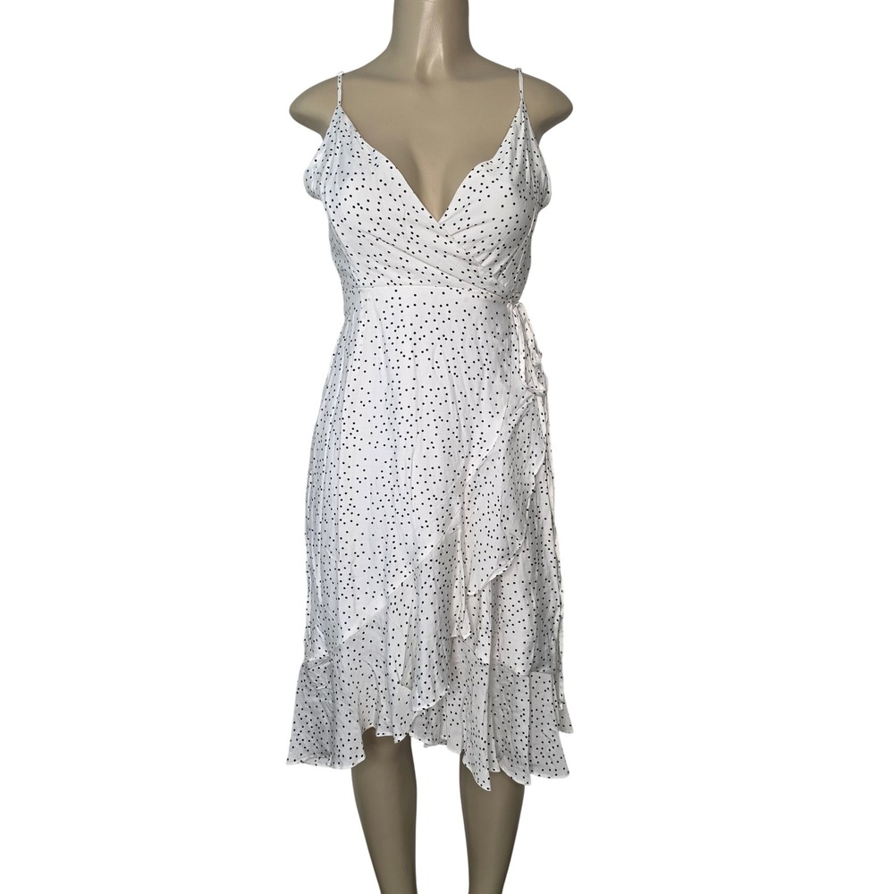Blue Rain Dress Womens Medium White Polka Dot Zeda F89 Ruffle Wrap Midi